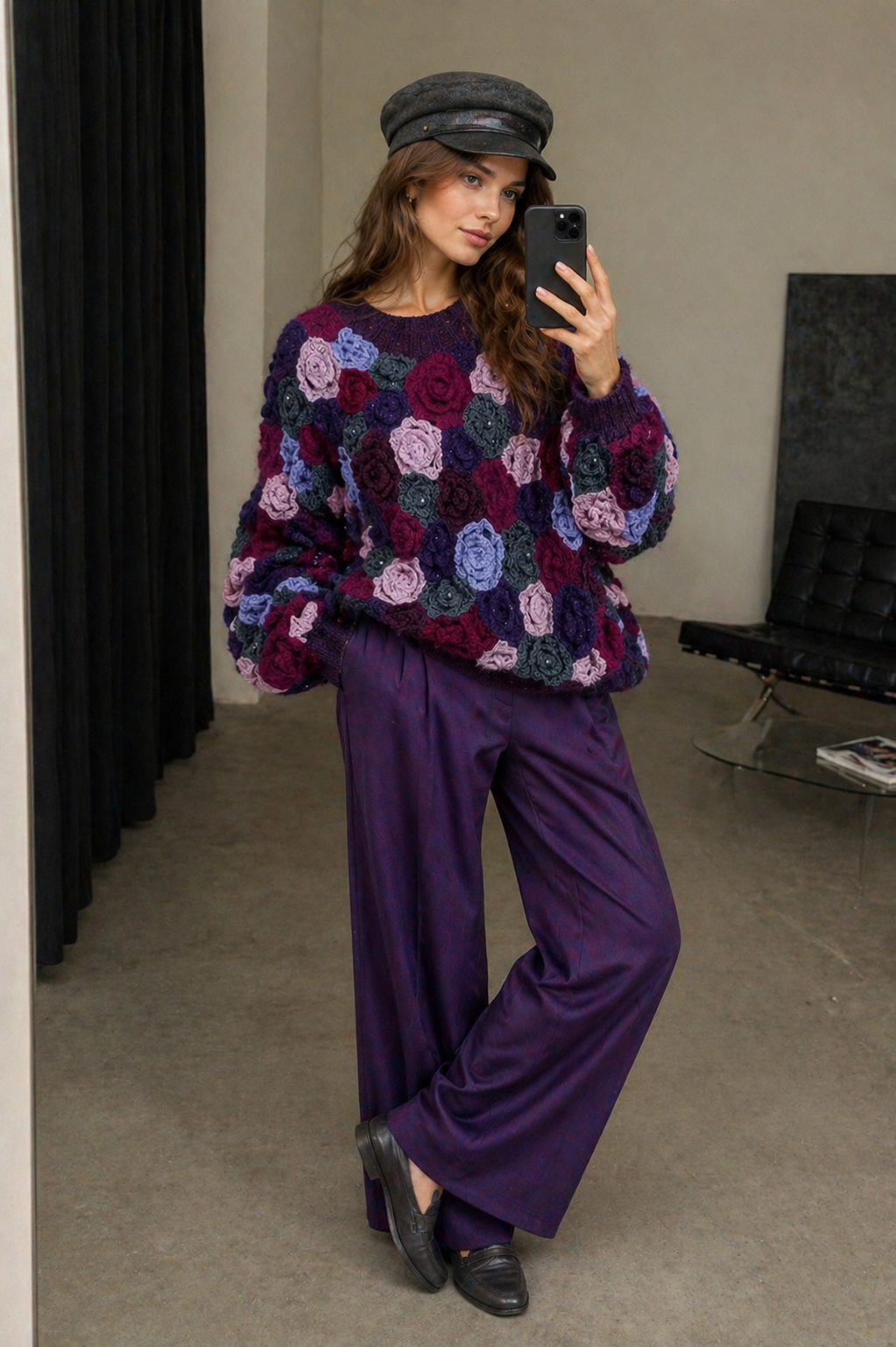 Purple Mohair Oversized Sweater – Irish Lace Floral Hand Knit Jumper