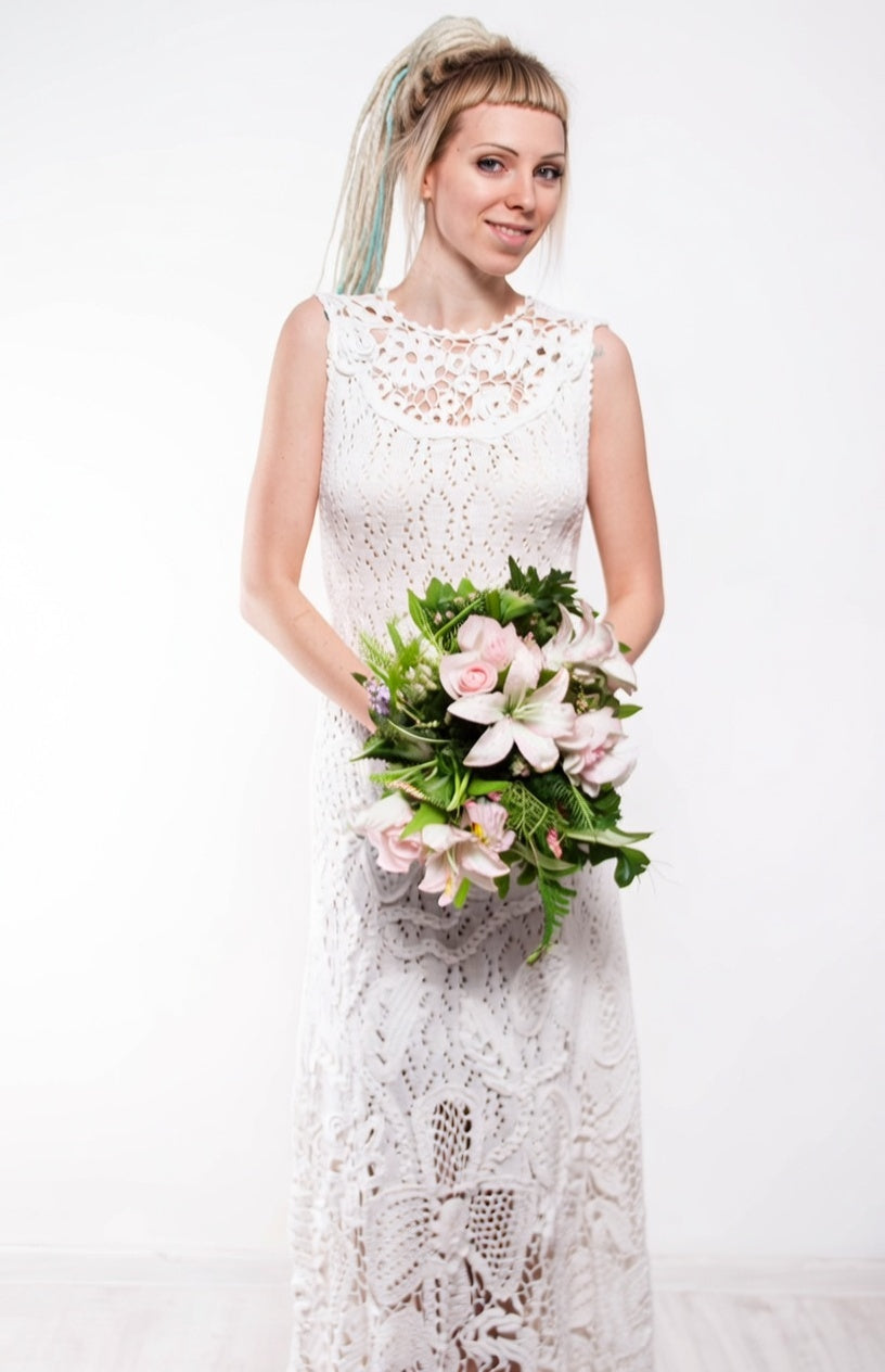 Handmade White Crochet Maxi Dress – Lacy Viscose Beachwear & Boho Wedding Sundress