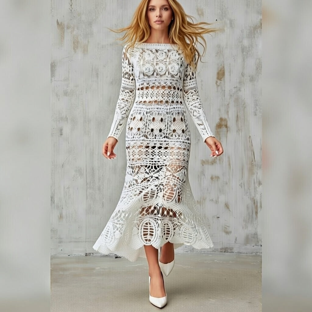 Handmade Irish Lace Wedding Dress – Crochet White Maxi Cotton Bridal Boho Gown