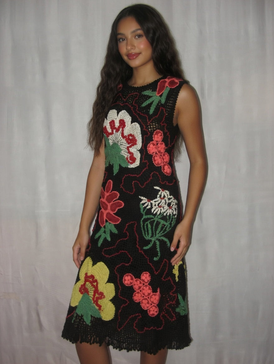 Black Irish Lace Crochet Dress Handmade Floral Lace Dress Sleeveless Boho Midi Dress Artisan Crochet Evening Dress