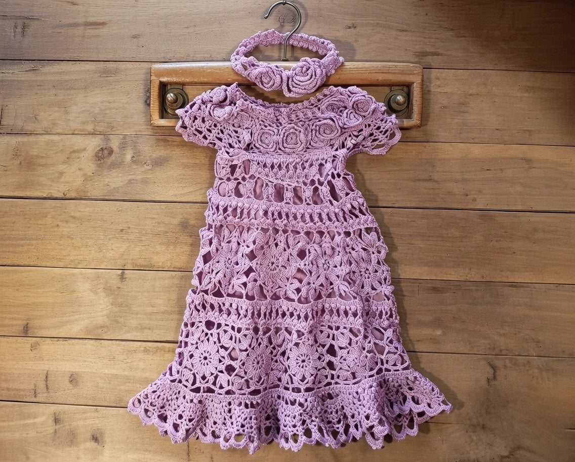 Handmade Pink Crochet Dress for Girls with Floral Lace Baptism Girl Dress