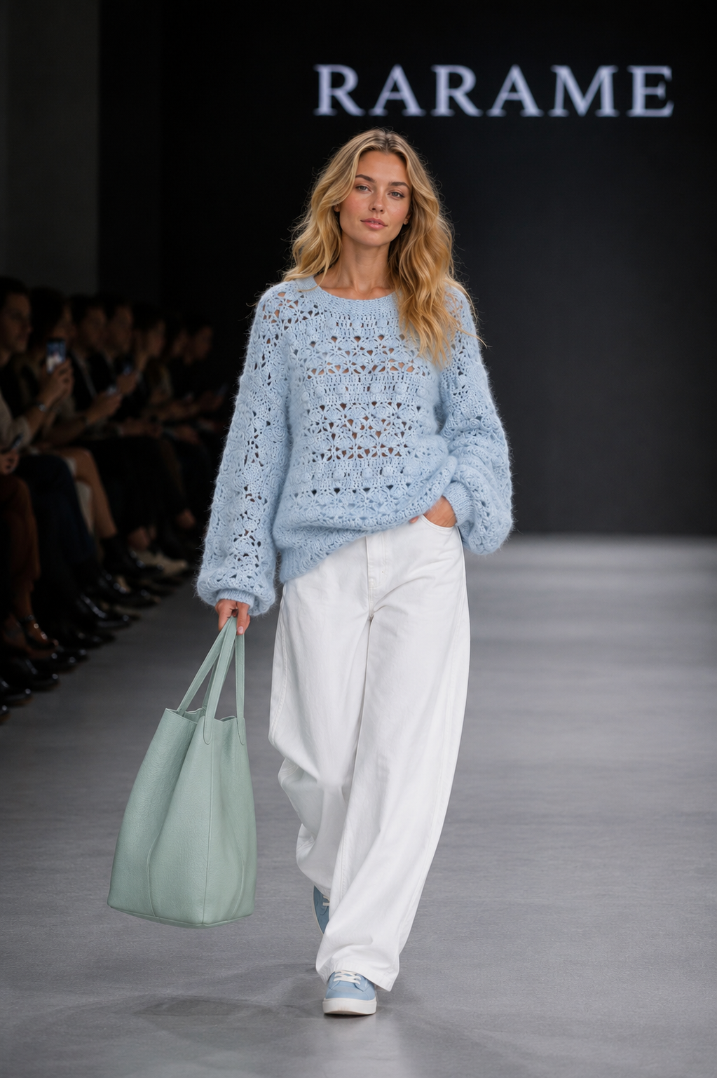 Light Blue Oversized Crochet Sweater, Handmade Wool Jumper, Boho Knit Pullover Chunky Winter Sweater Loose Fit Crew Neck Jumper Women