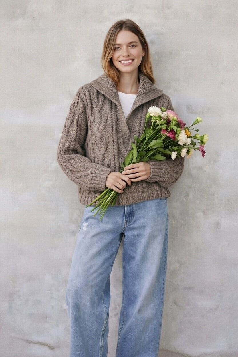 Handmade Oversized Taupe Knit Polo Collar Sweater – Cable Knit Wool Blend Collared Jumper, Winter Pullover