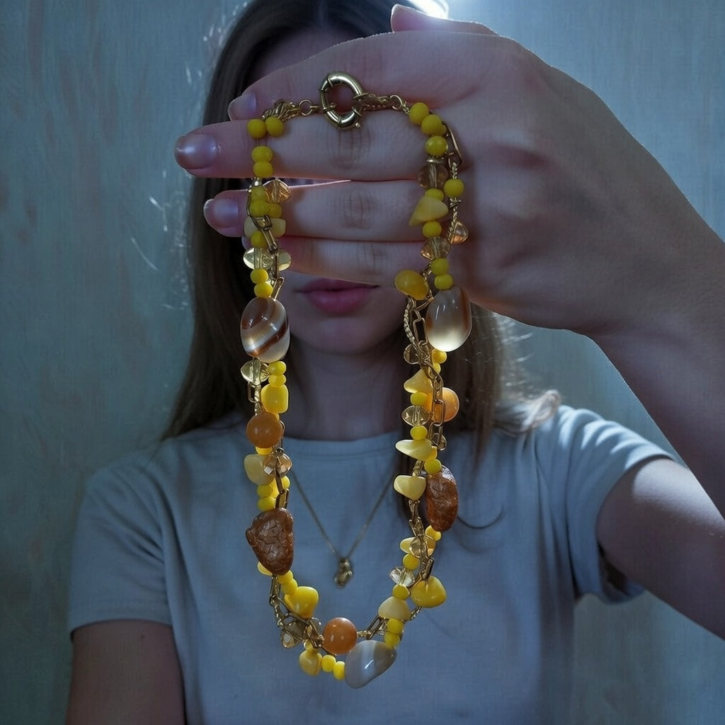 Multi Strand Yellow Agate Necklace – Jade & Jadeite Beaded Statement Necklace, 14K Gold Filled Stainless Steel Chain, 16 Inch Handmade Jewelry