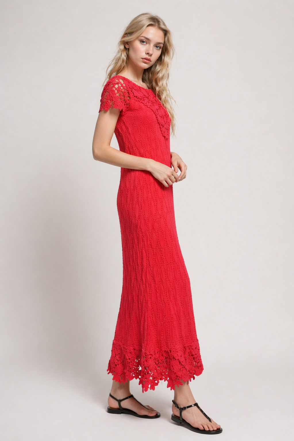 Red Crochet Maxi Dress Irish Lace – Scarlet Viscose Sundress, Handmade Boho Beach & Evening Dress