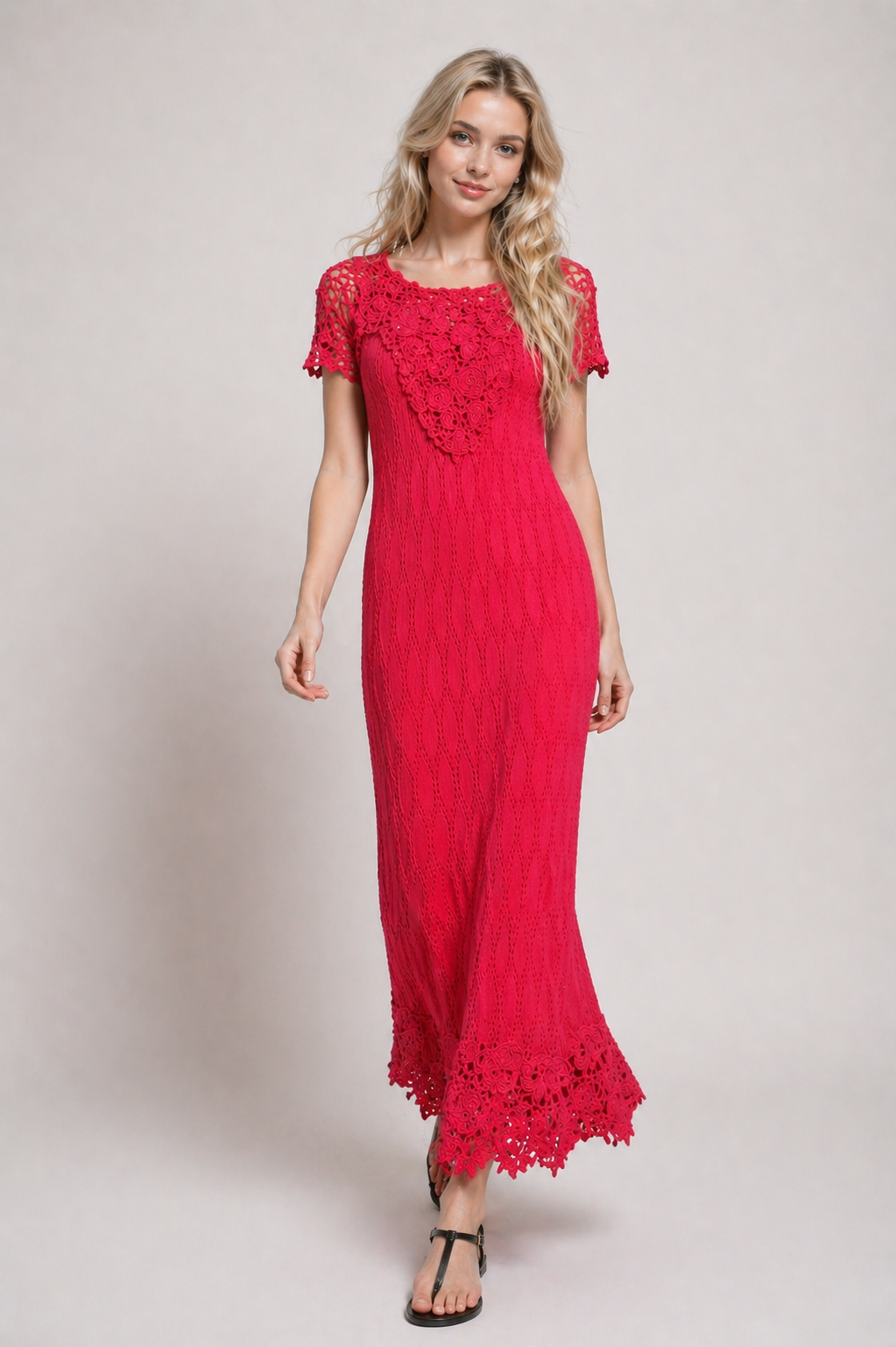 Red Crochet Maxi Dress Irish Lace – Scarlet Viscose Sundress, Handmade Boho Beach & Evening Dress