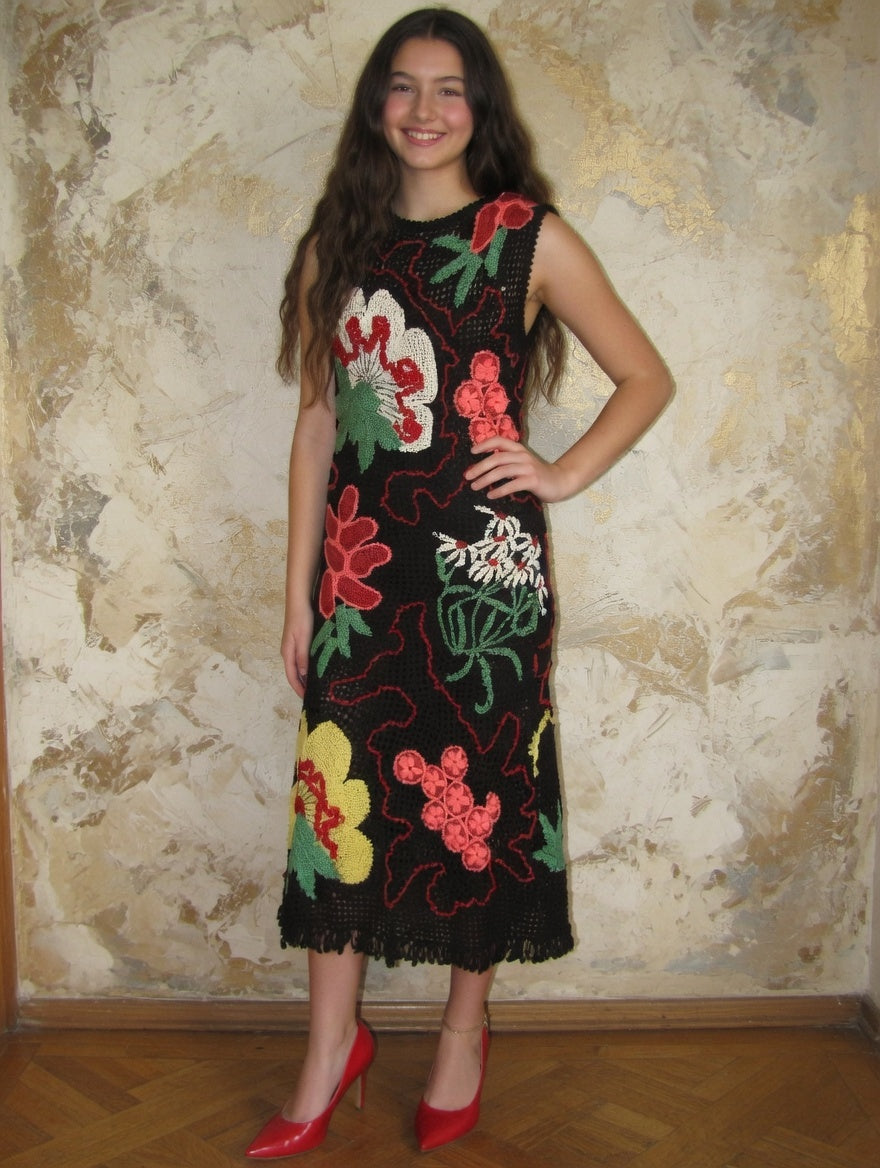 Black Irish Lace Crochet Dress Handmade Floral Lace Dress Sleeveless Boho Midi Dress Artisan Crochet Evening Dress