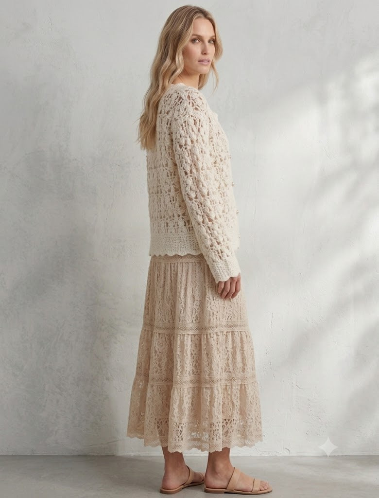 Ivory Crochet Lace Jacket – Handmade Fluffy Oversized Wool Bomber Cardigan with Puff Sleeves