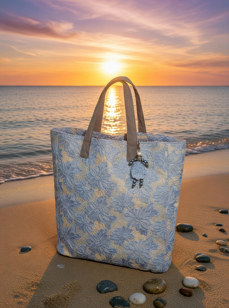 Blue Guipure Lace Tote Bag – Boho Market Tote Lace Bag with Leather Handles