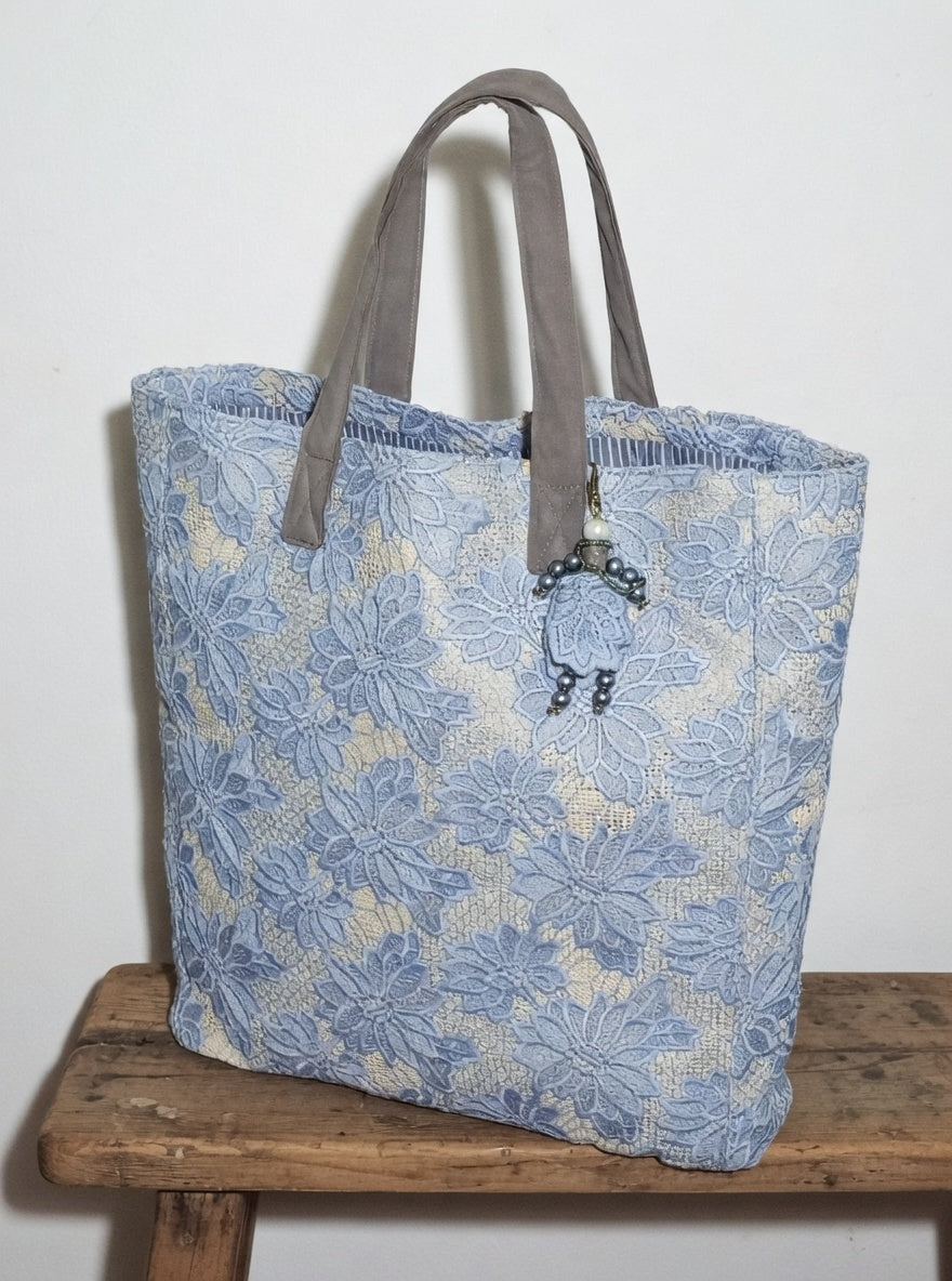 Blue Guipure Lace Tote Bag – Boho Market Tote Lace Bag with Leather Handles