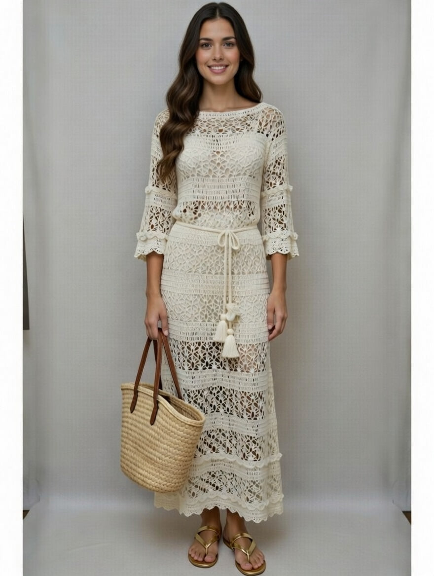 Crochet Lacy Ivory Maxi Dress - Wedding white Floor Dress with Long Sleeves
