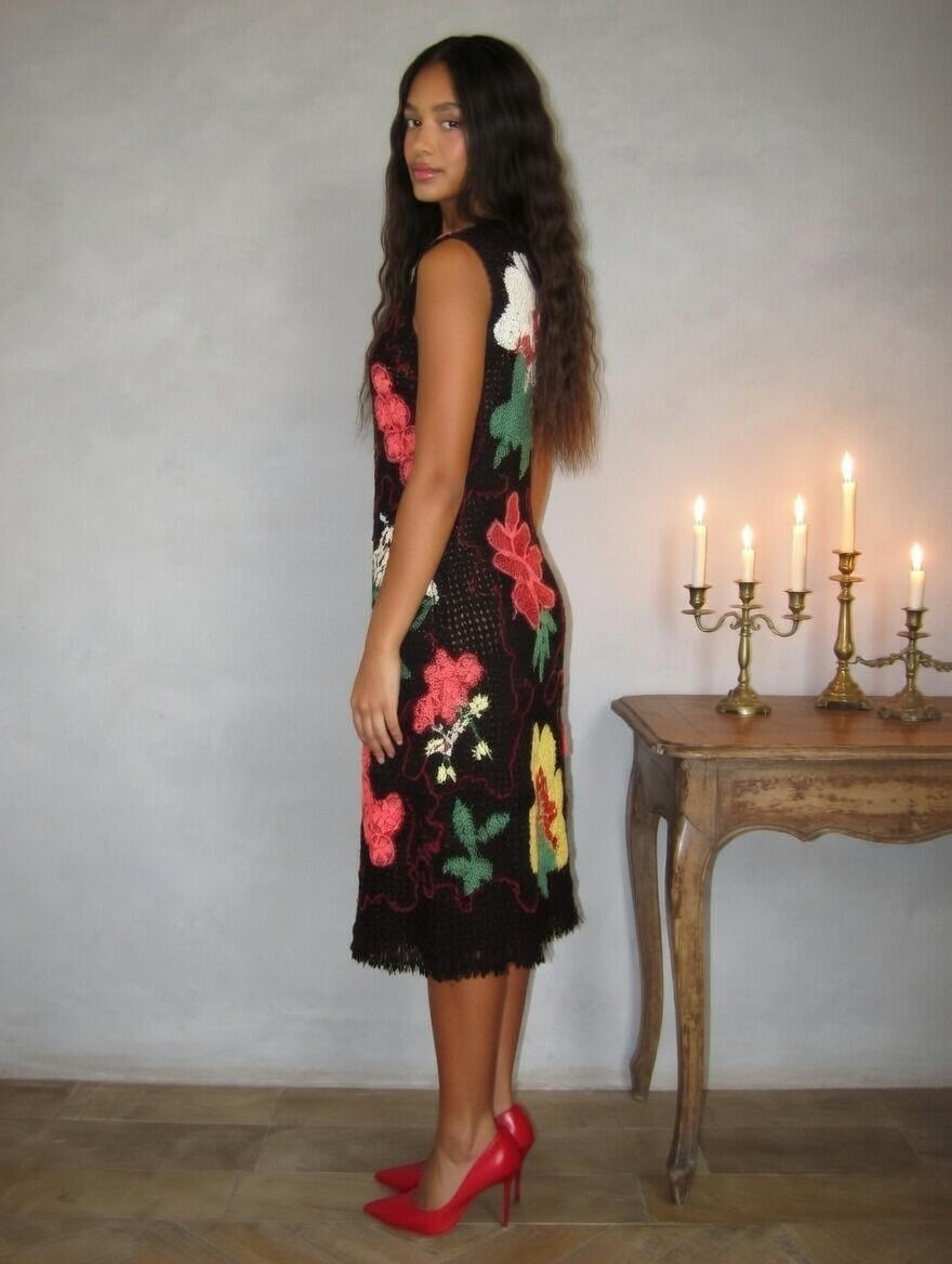 Black Irish Lace Crochet Dress Handmade Floral Lace Dress Sleeveless Boho Midi Dress Artisan Crochet Evening Dress