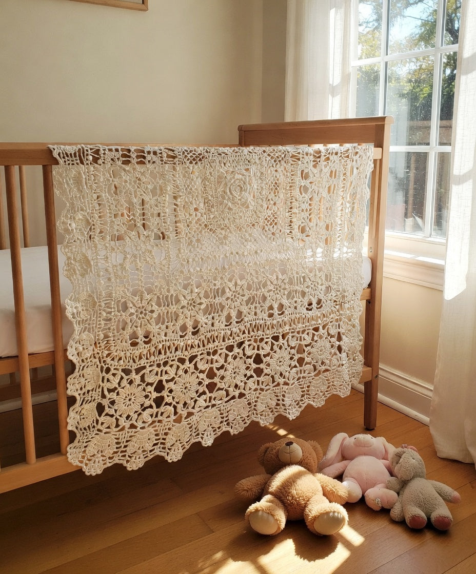 Crochet Cotton Creamy Baby Blanket – Lace Christening Blanket for Baptism, Handmade Baby Throw