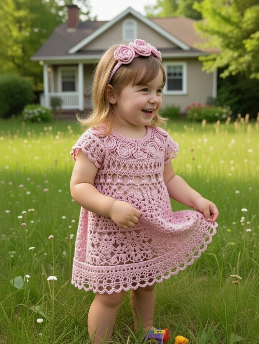 Handmade Pink Crochet Dress for Girls with Floral Lace Baptism Girl Dress