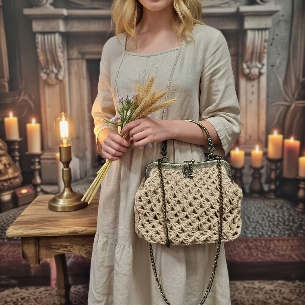 Bohemian Beige Crochet Jute Kisslock Bag – Handmade Natural Fiber Handbag with Chain Strap