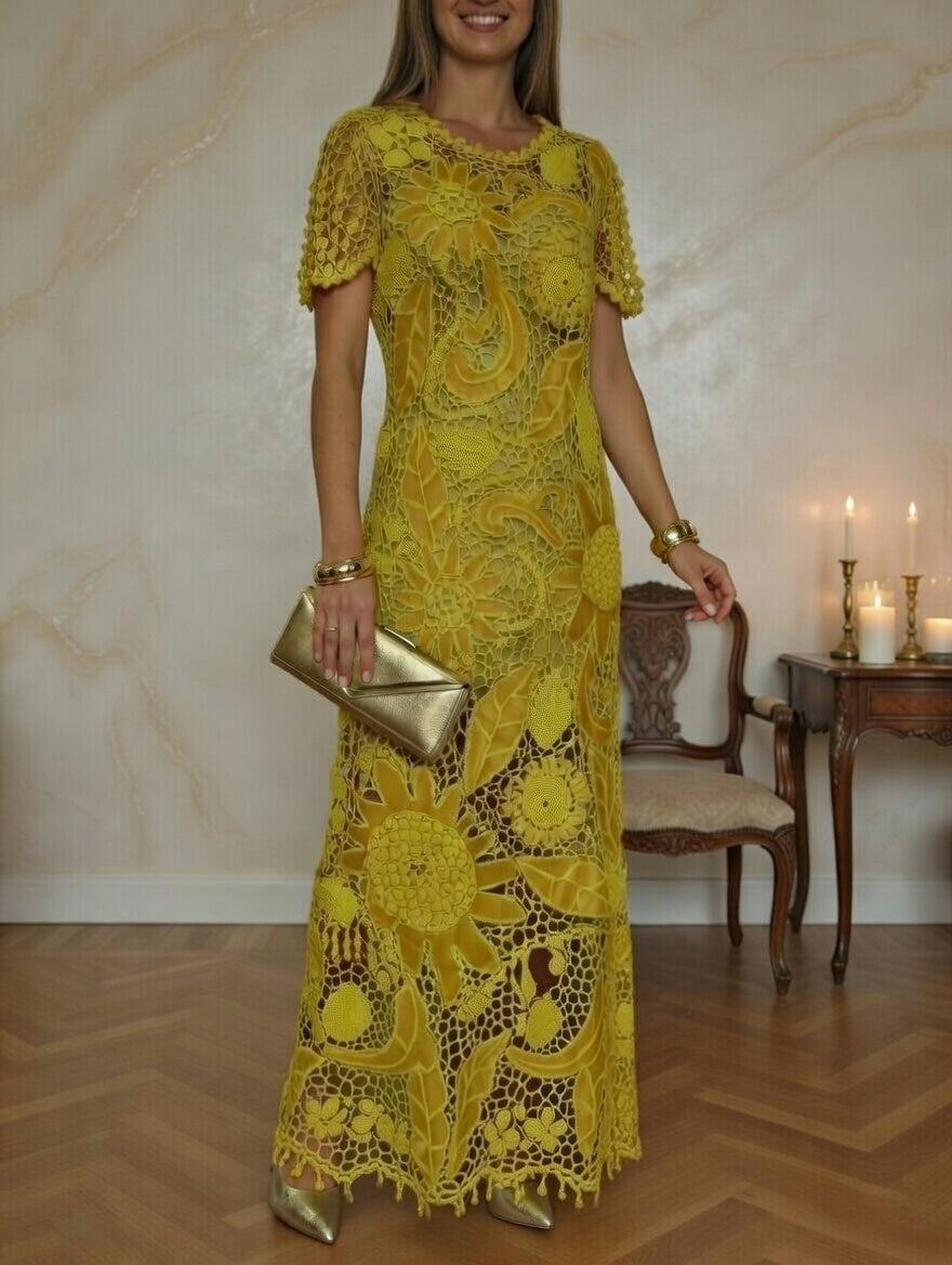 Yellow Irish Lace Crochet Dress with Leather – Handmade Statement Summer Dress