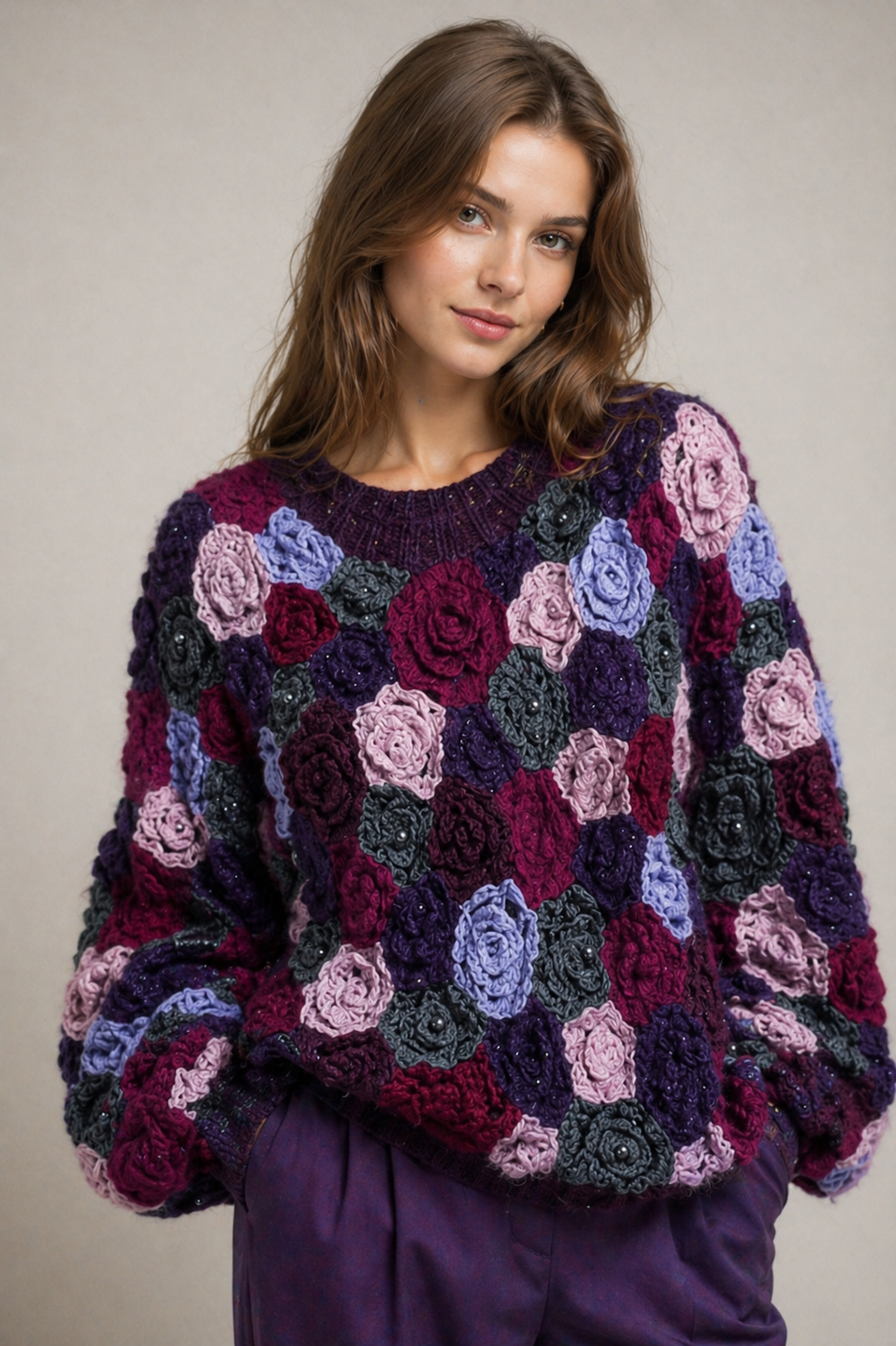 Purple Mohair Oversized Sweater – Irish Lace Floral Hand Knit Jumper
