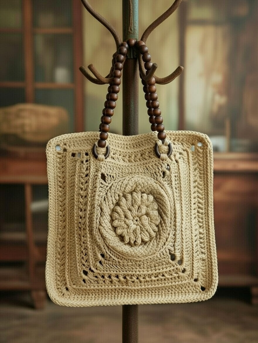 Handmade jute crochet tote bag with wooden handles Eco-friendly beige market basket bag Summer beach bag