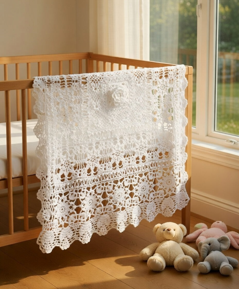 Crochet Cotton Baby Blanket – Lace Christening Blanket for Baptism, Handmade Baby Throw