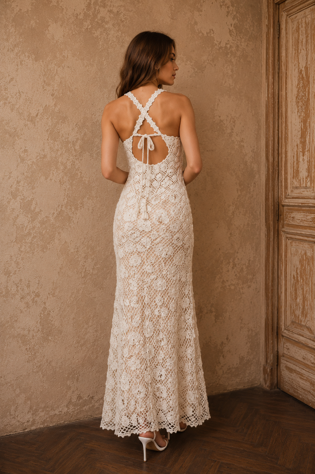 White Crochet Wedding Dress – Irish Lace Bridal Maxi Dress, Handmade Ivory Boho Beach Wedding Gown