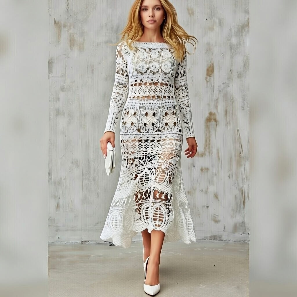 Handmade Irish Lace Wedding Dress – Crochet White Maxi Cotton Bridal Boho Gown