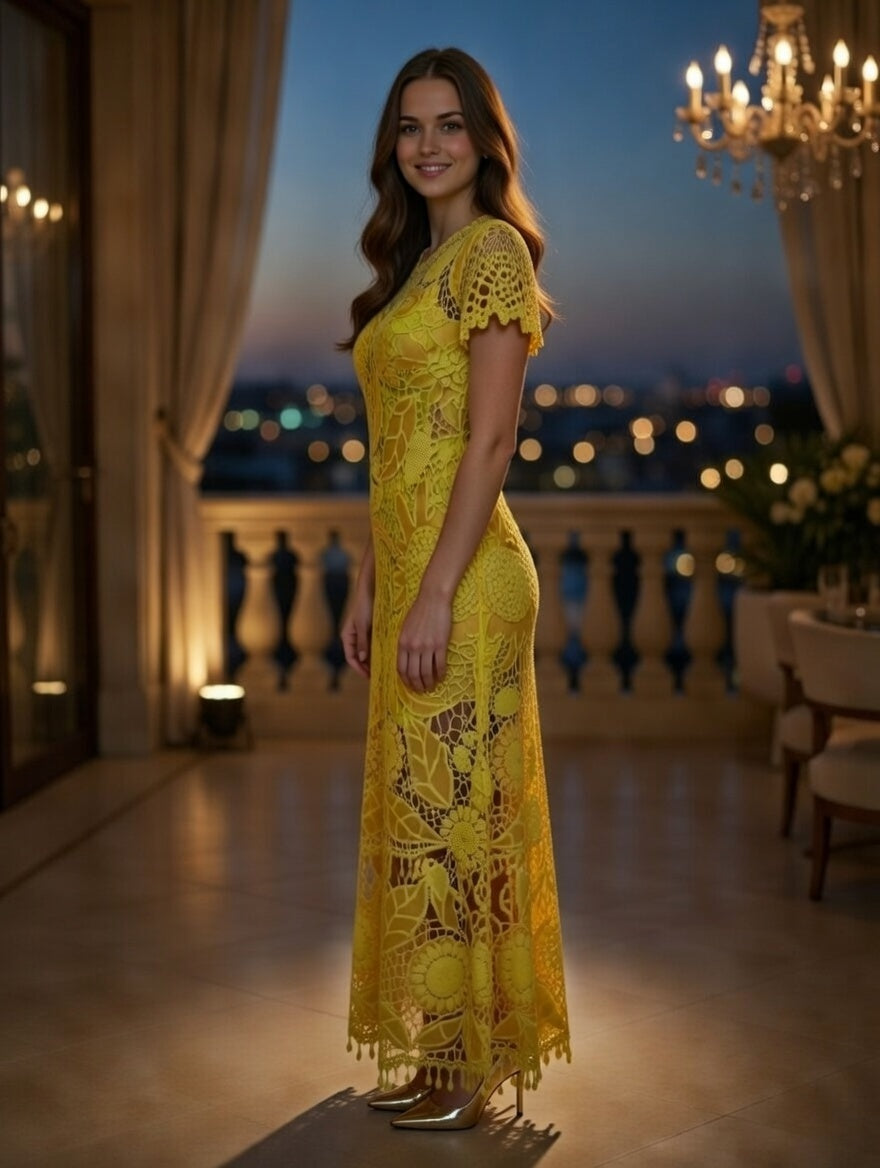 Yellow Irish Lace Crochet Dress with Leather – Handmade Statement Summer Dress