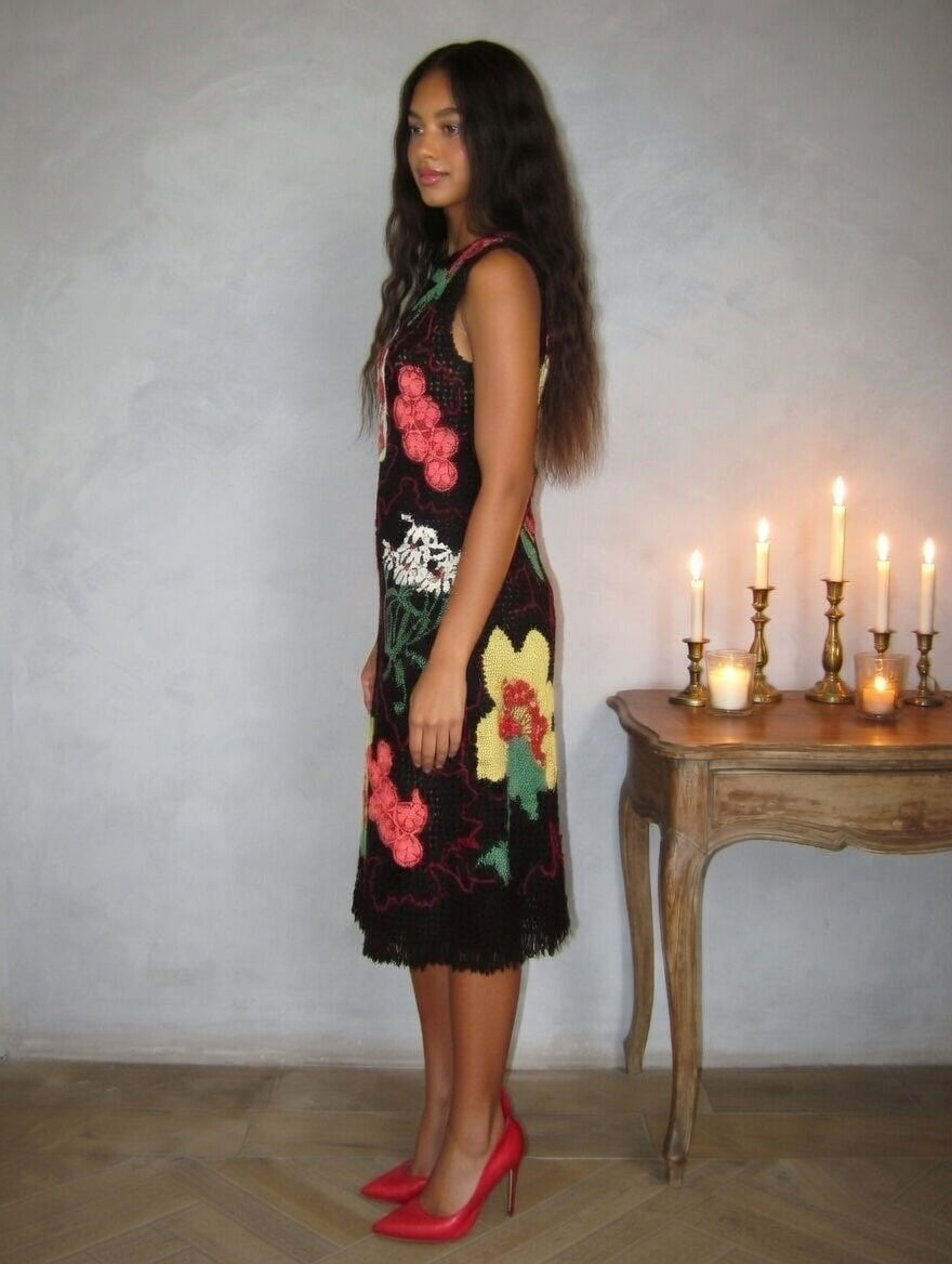 Black Irish Lace Crochet Dress Handmade Floral Lace Dress Sleeveless Boho Midi Dress Artisan Crochet Evening Dress