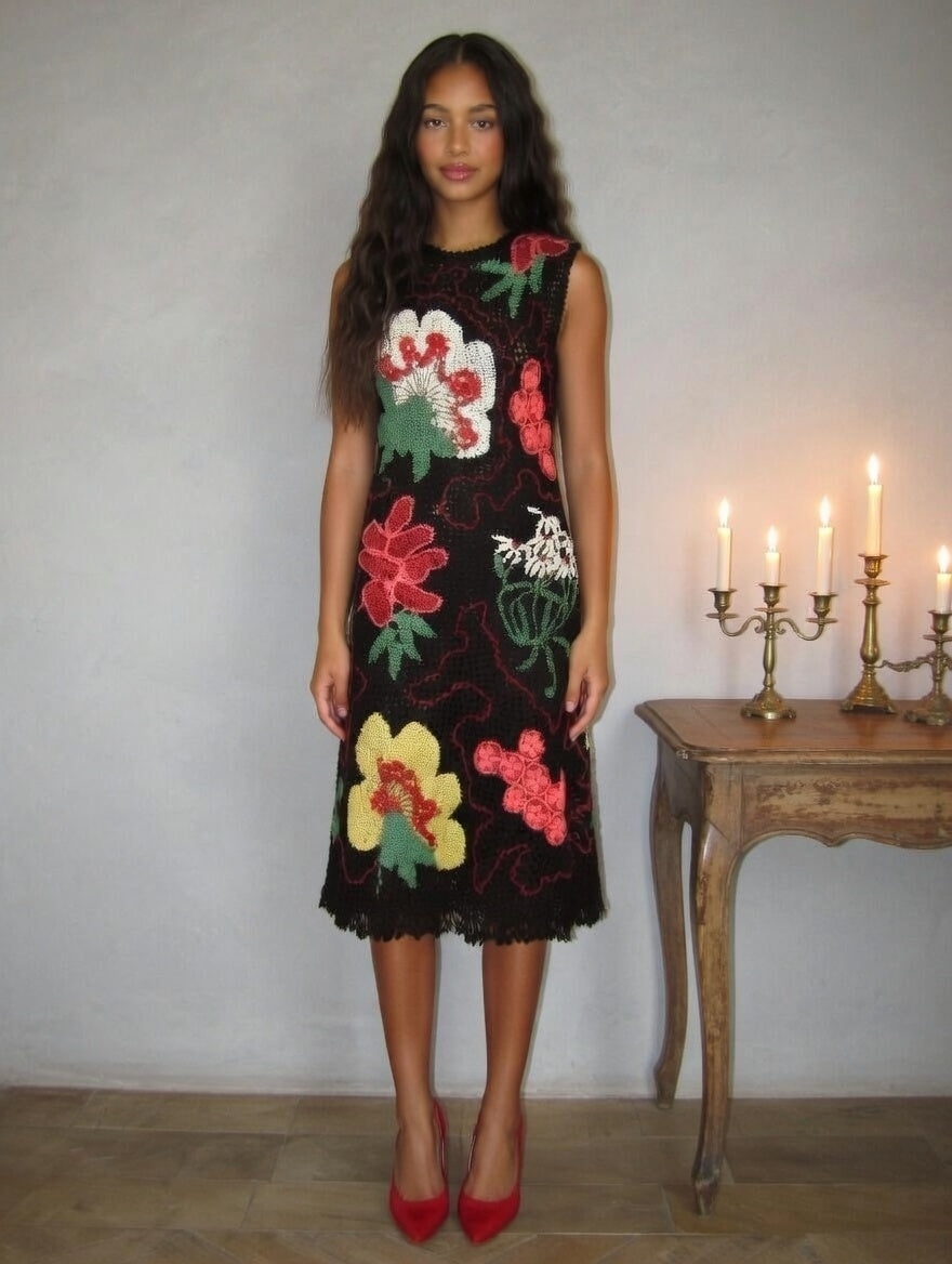 Black Irish Lace Crochet Dress Handmade Floral Lace Dress Sleeveless Boho Midi Dress Artisan Crochet Evening Dress