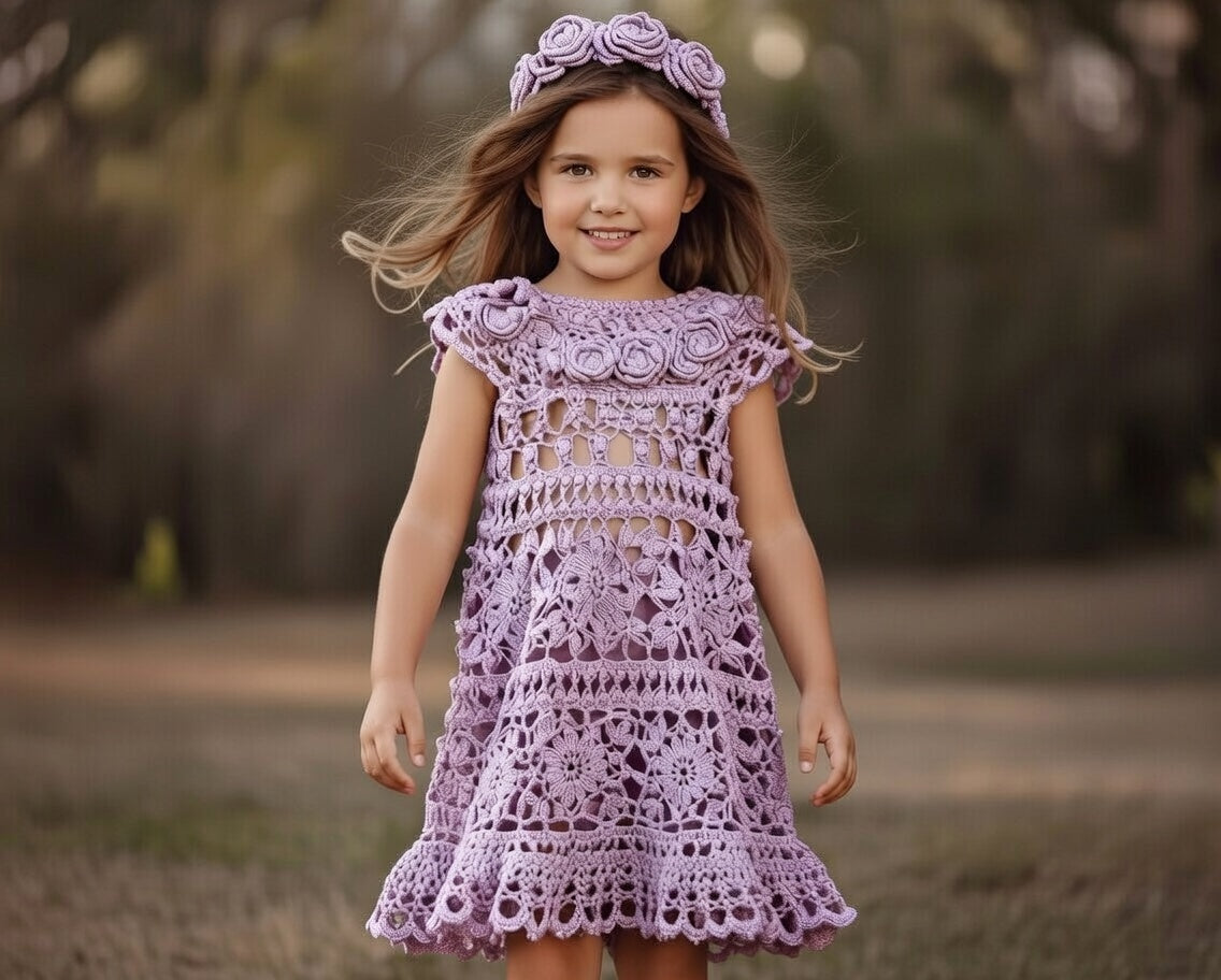 Handmade Pink Crochet Dress for Girls with Floral Lace Baptism Girl Dress