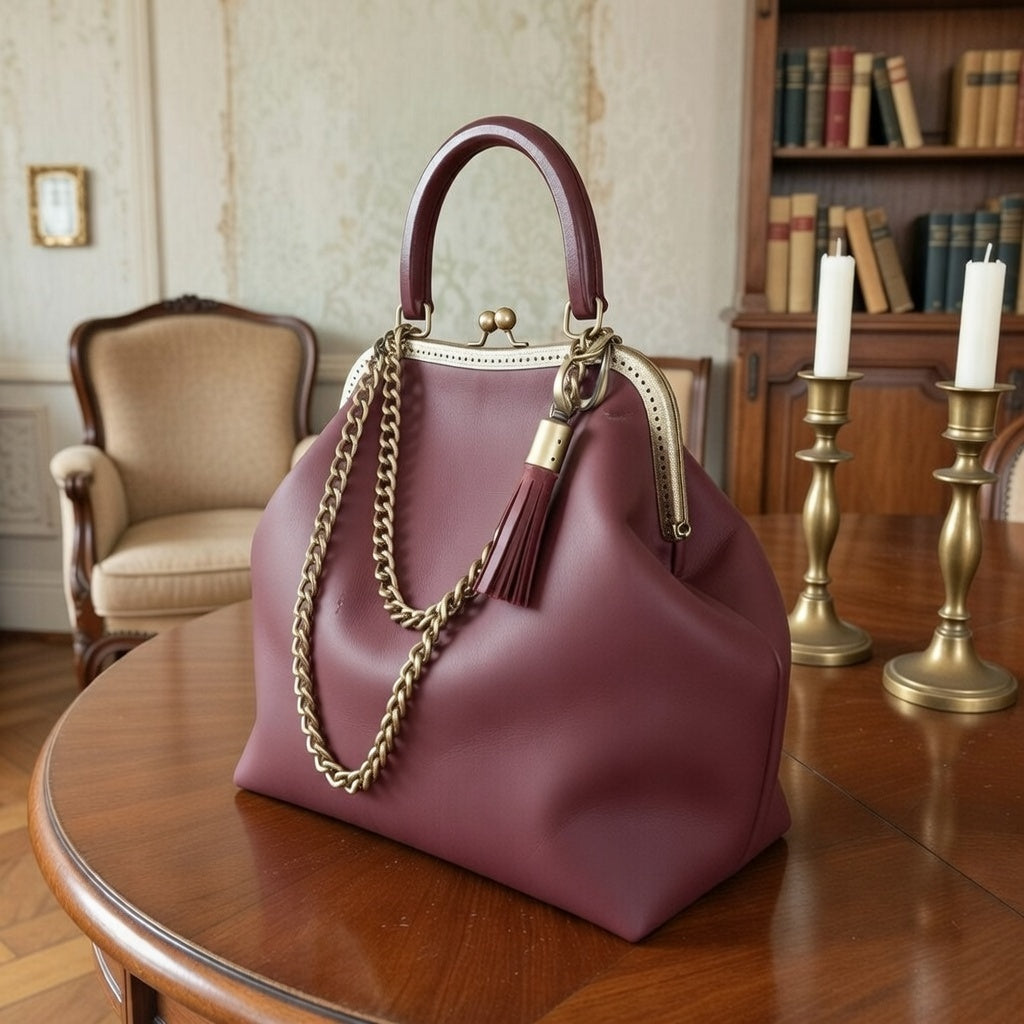 Vintage Bordeaux Leather Kisslock Bag – Genuine Wine Leather Frame Handbag with Bronze Clasp and Removable Chain Strap