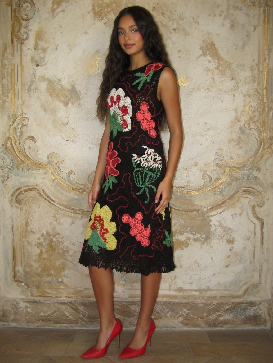 Black Irish Lace Crochet Dress Handmade Floral Lace Dress Sleeveless Boho Midi Dress Artisan Crochet Evening Dress