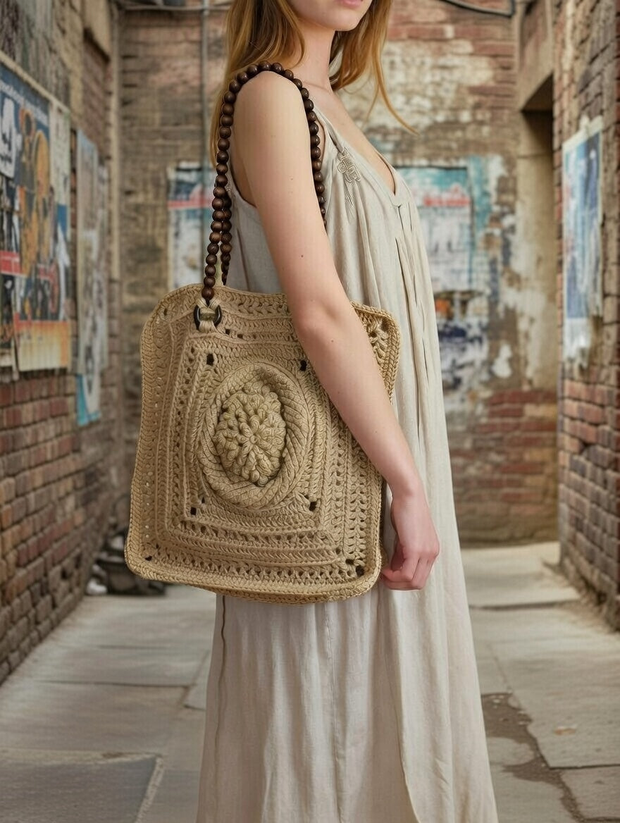 Handmade jute crochet tote bag with wooden handles Eco-friendly beige market basket bag Summer beach bag