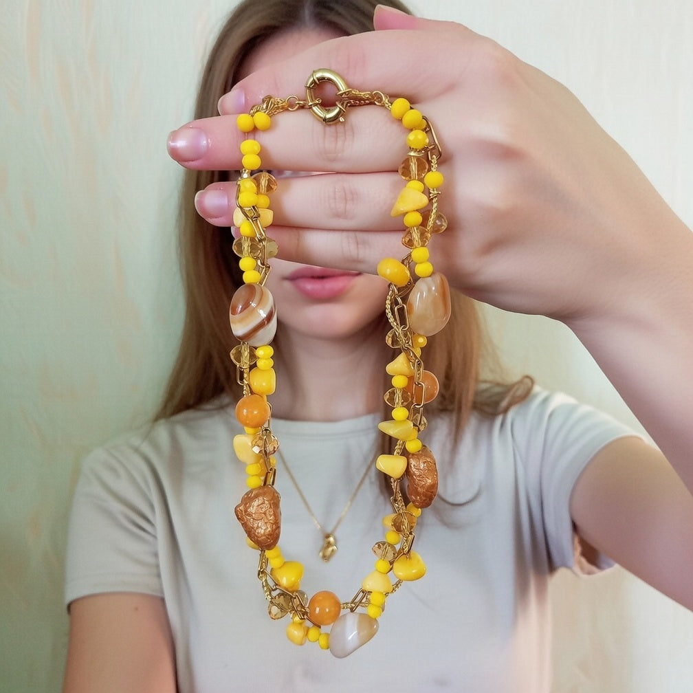 Multi Strand Yellow Agate Necklace – Jade & Jadeite Beaded Statement Necklace, 14K Gold Filled Stainless Steel Chain, 16 Inch Handmade Jewelry