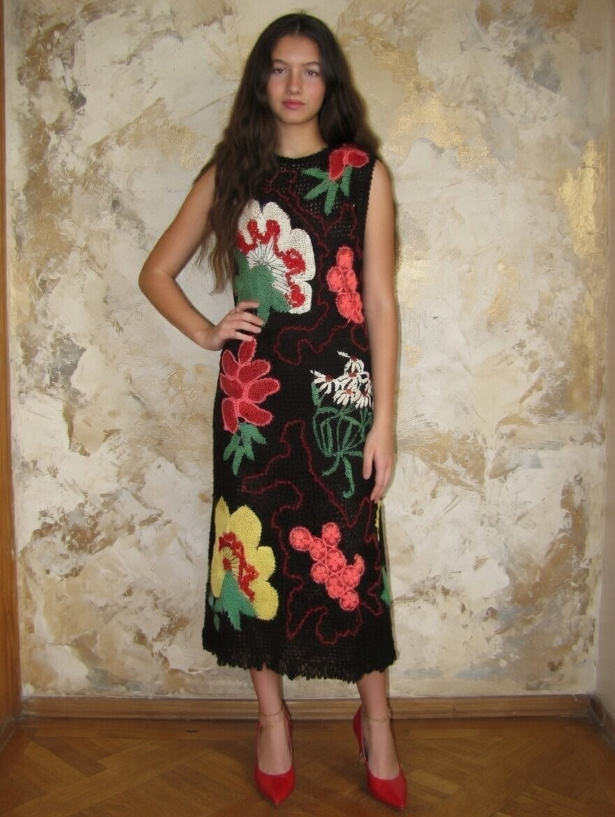 Black Irish Lace Crochet Dress Handmade Floral Lace Dress Sleeveless Boho Midi Dress Artisan Crochet Evening Dress