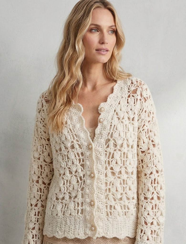 Ivory Crochet Lace Jacket – Handmade Fluffy Oversized Wool Bomber Cardigan with Puff Sleeves