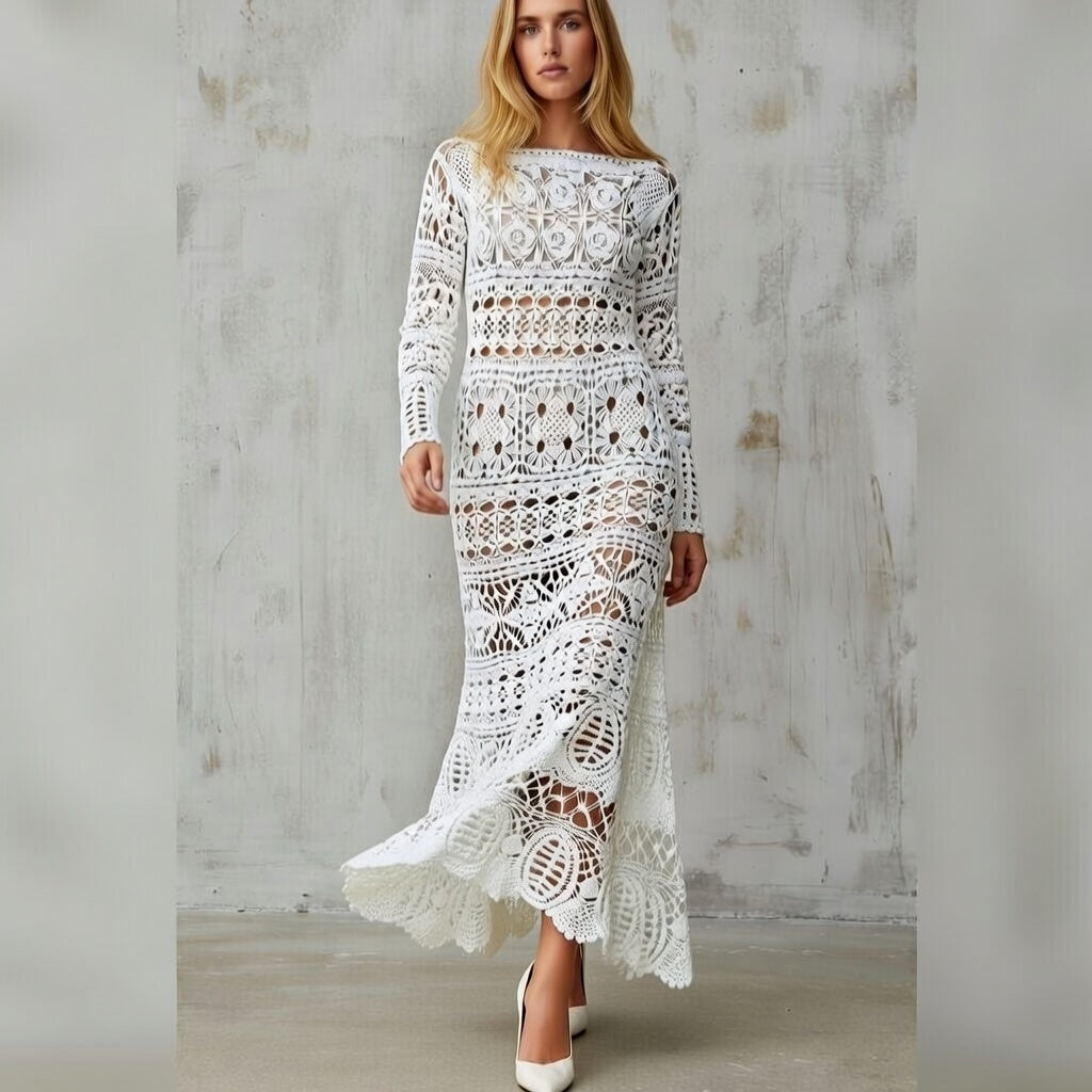 Handmade Irish Lace Wedding Dress – Crochet White Maxi Cotton Bridal Boho Gown