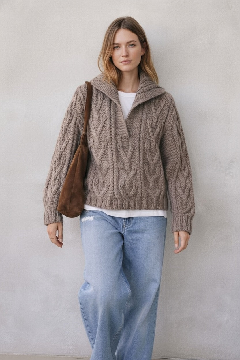 Handmade Oversized Taupe Knit Polo Collar Sweater – Cable Knit Wool Blend Collared Jumper, Winter Pullover