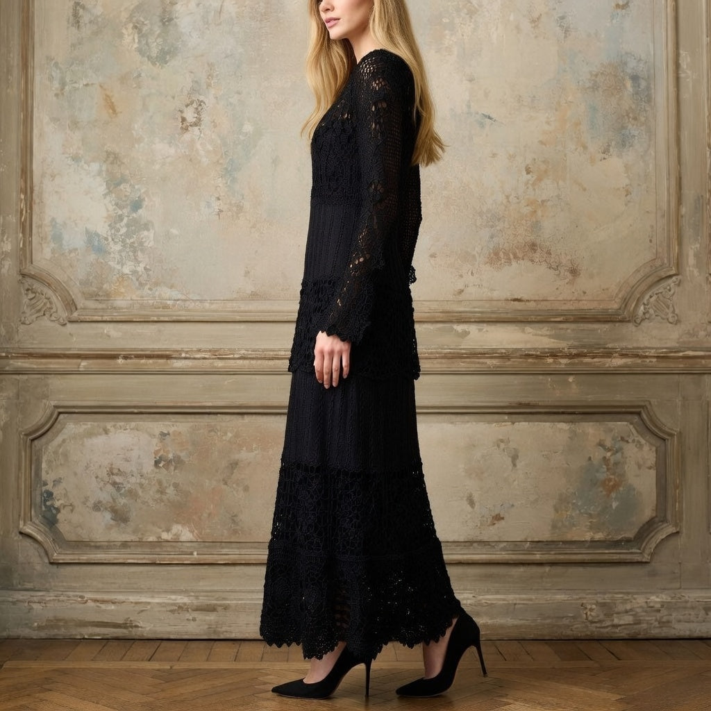 Handmade Black Crochet Maxi Dress – Boho Lace Cotton Summer Dress Party Lace Floor Dress