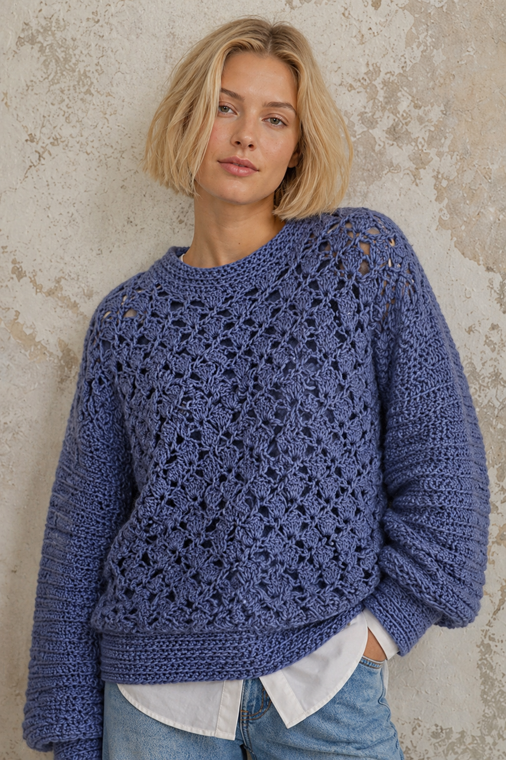 Blue Oversized Crochet Sweater – Handmade Wool Jumper | Boho Lace Knit Pullover | Chunky Winter Sweater