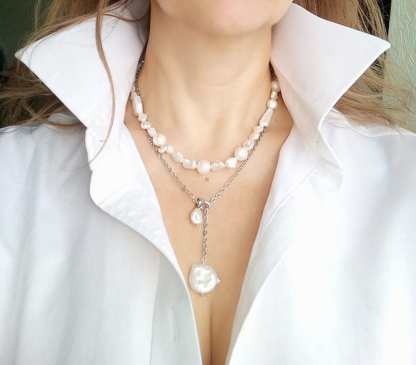 Handmade baroque pearl necklace with stainless steel chain