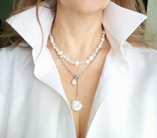 Handmade baroque pearl necklace with stainless steel chain