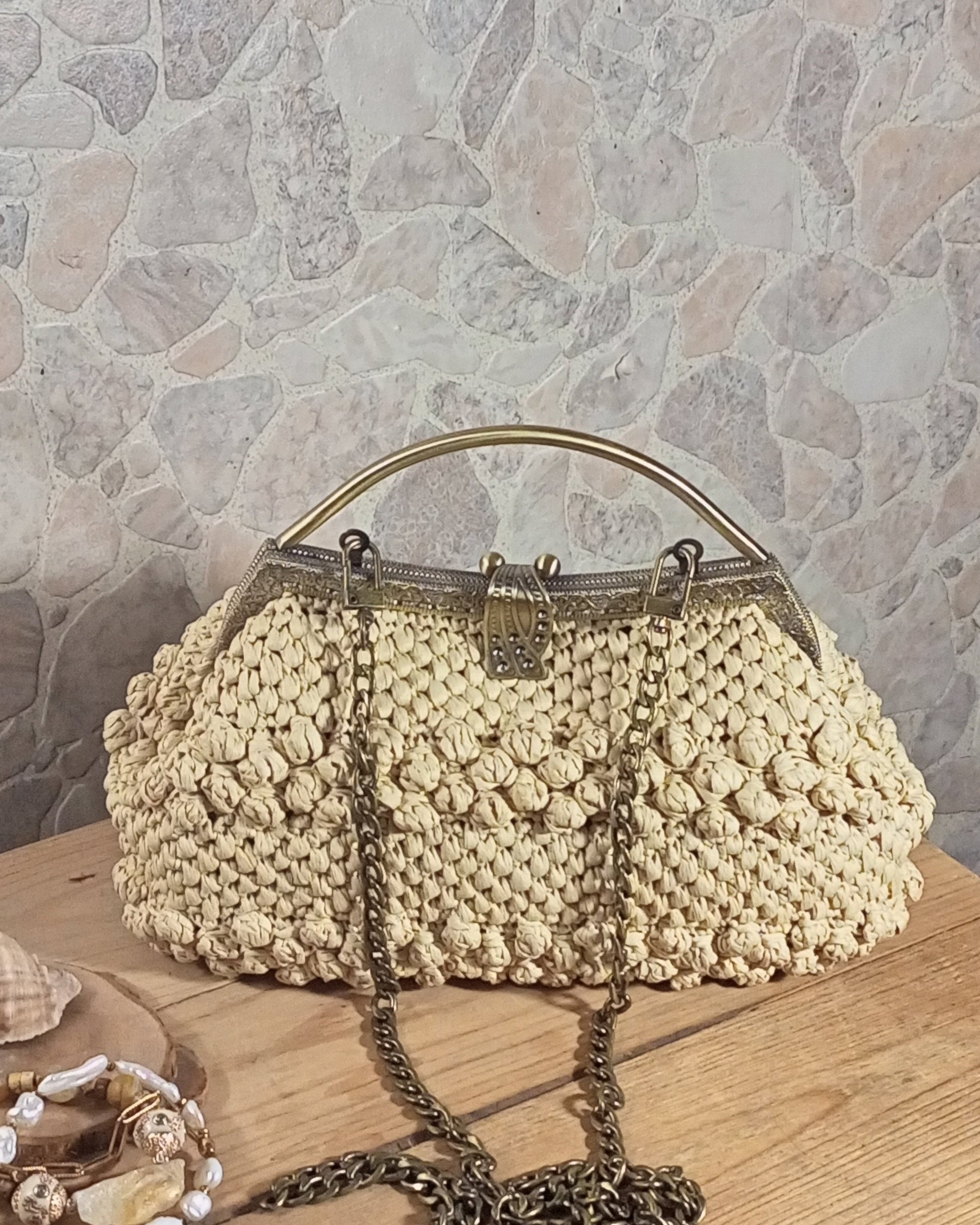 Beige crochet kisslock bag raffia wedding purse with gold clasp