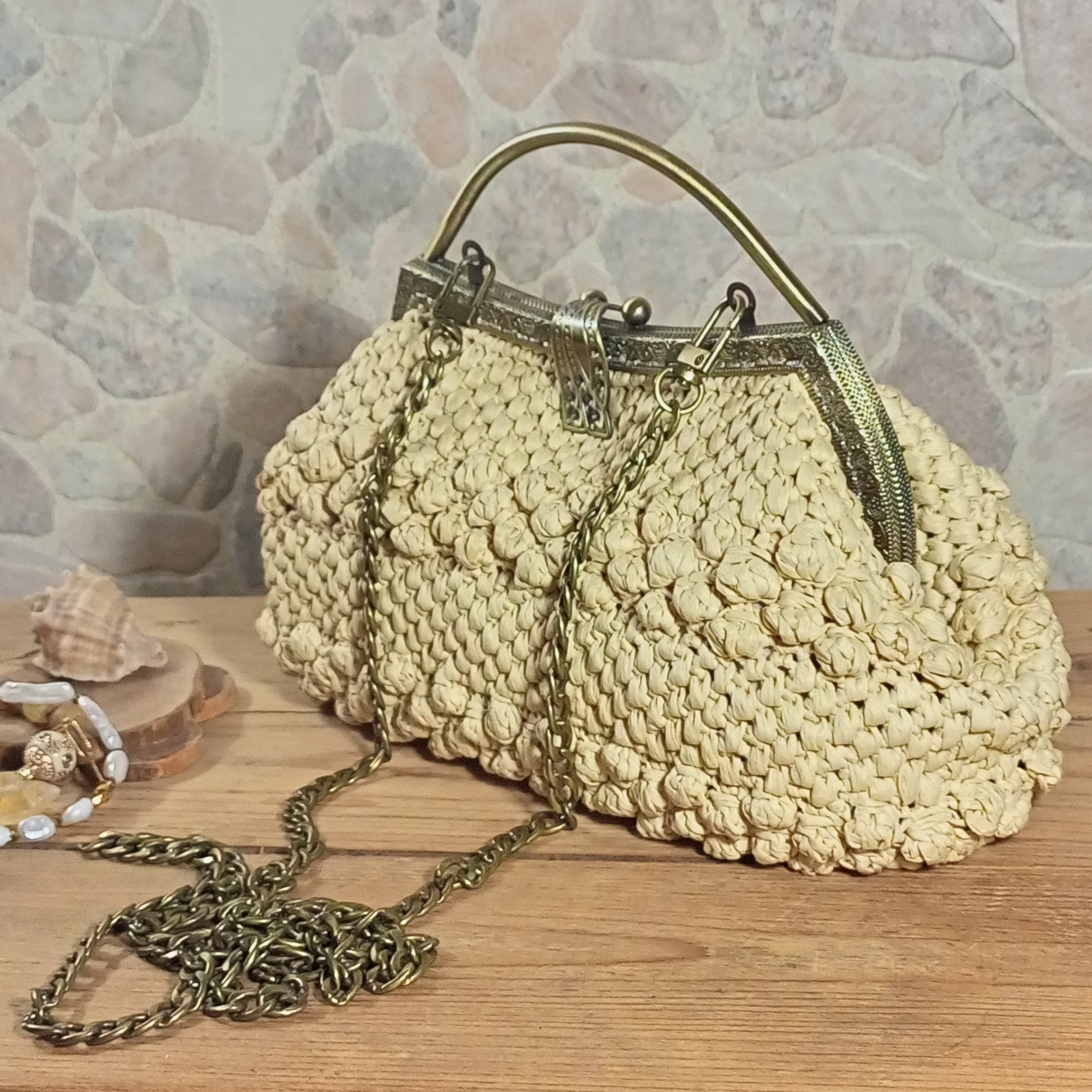 Beige raffia crochet bag bohemian evening purse detail