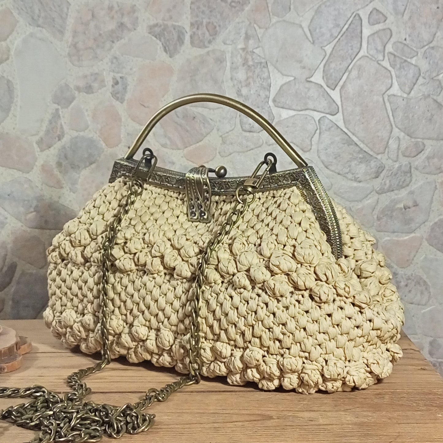 Handcrafted crochet kisslock handbag beige bridal style