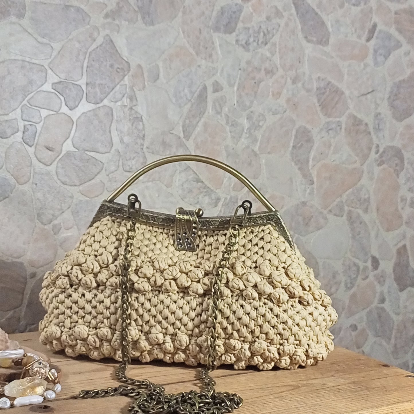 Lightweight summer crochet bag raffia beige handmade
