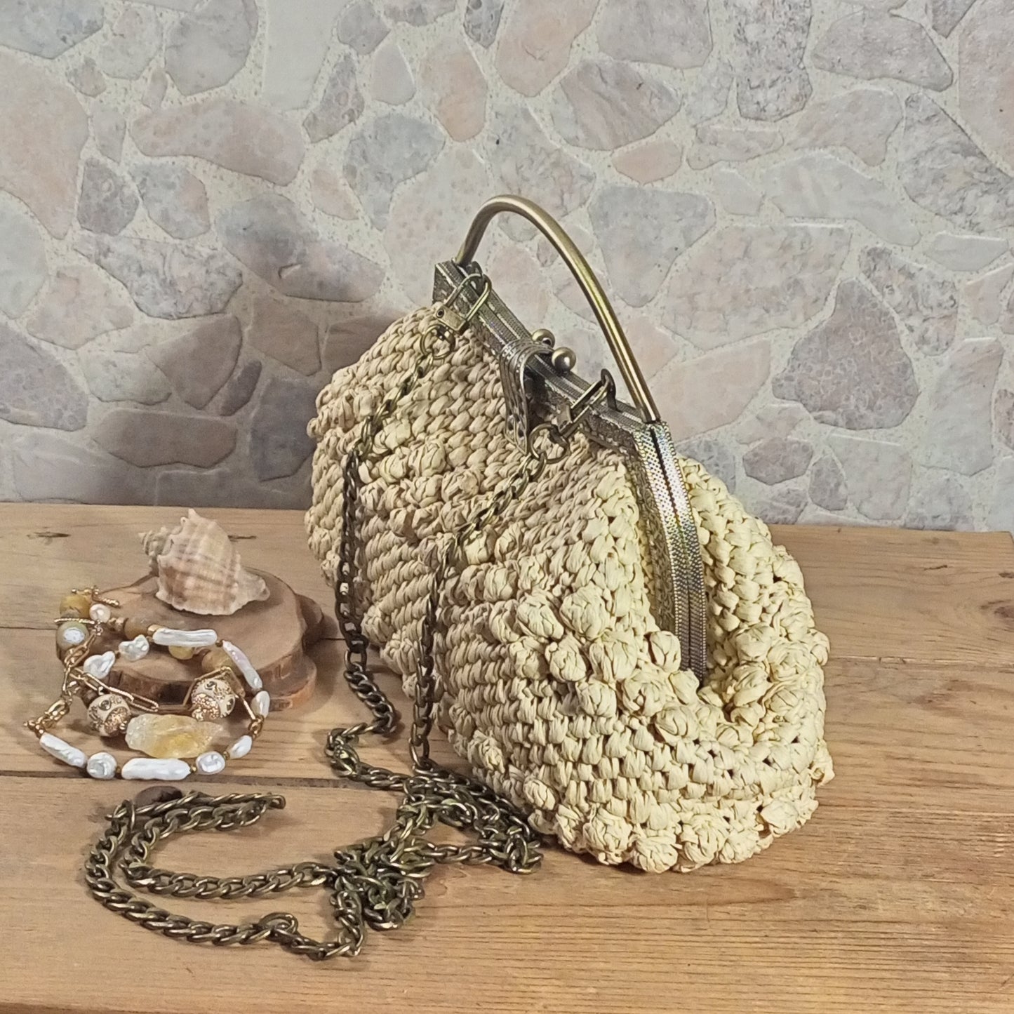 Bohemian crochet evening purse beige with removable chain strap