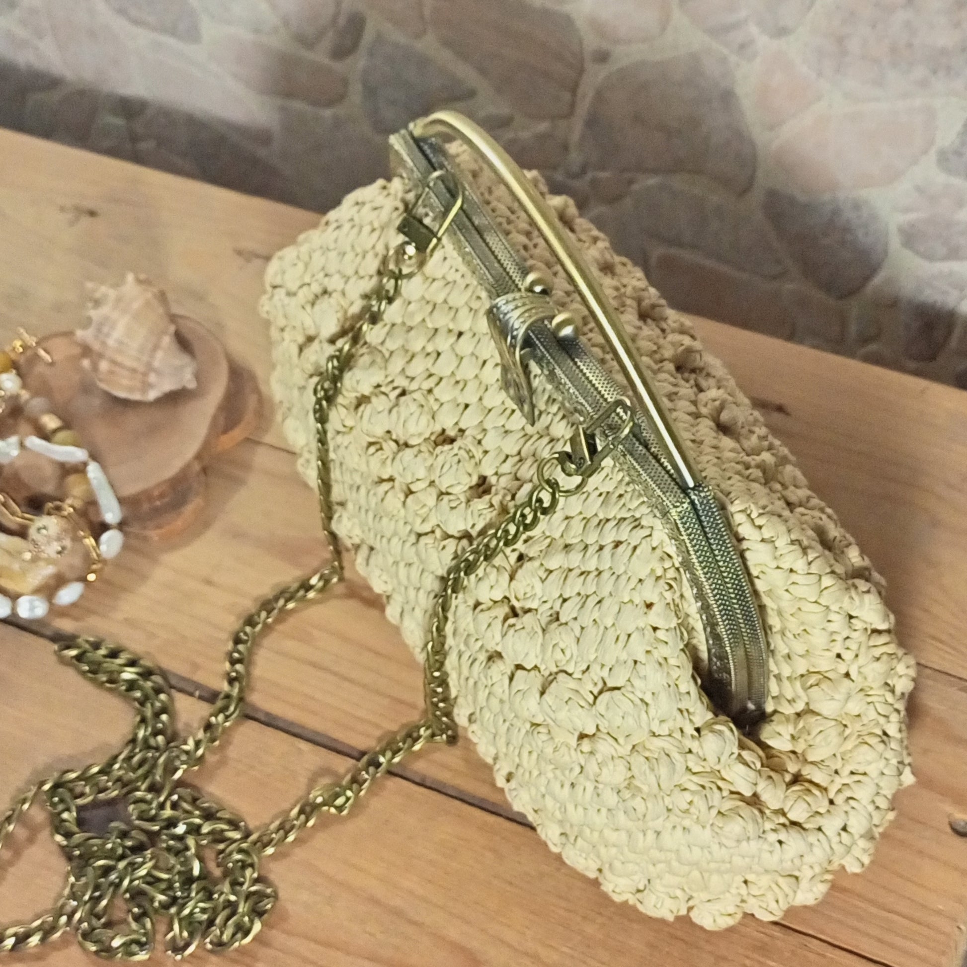 Bridal beige crochet handbag raffia summer wedding accessory