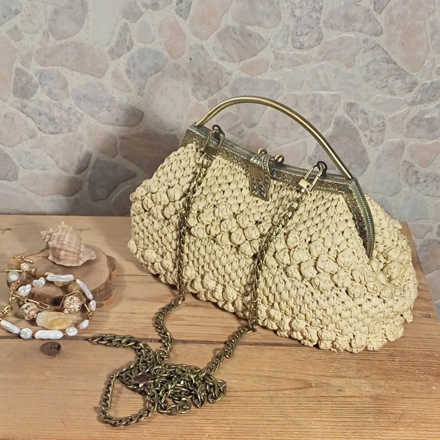 Unique beige crochet wedding bag handmade gift