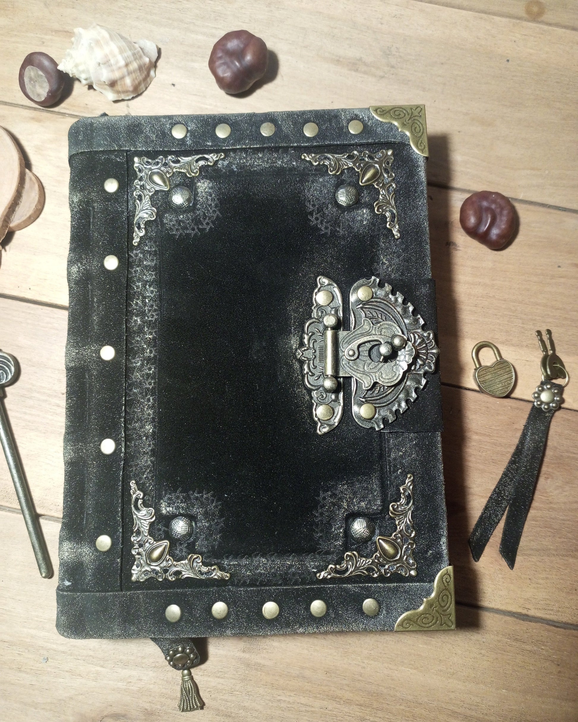 Black suede medieval journal leather vintage grimoire with antique lock