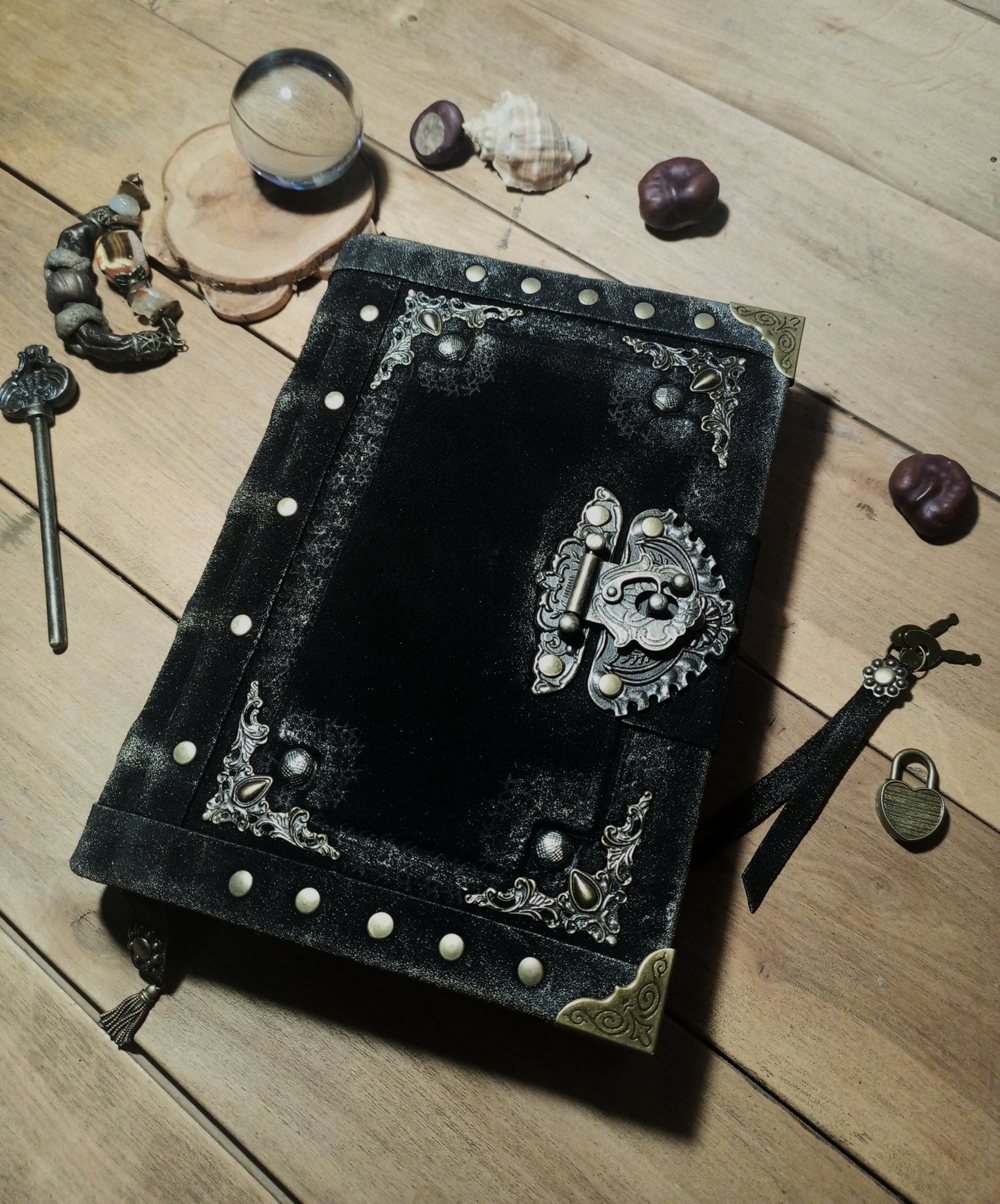 Black suede medieval leather journal with hand-stitched binding